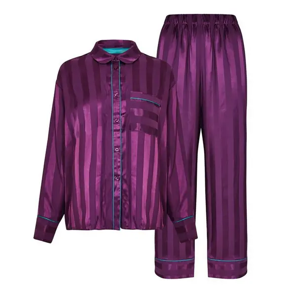 CHELSEA PEERS Satin Jacquard Stripe Long Pyjama Set - Purple 14