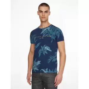 Palm Floral Cotton T-Shirt with Embroidered Logo and Crew Neck