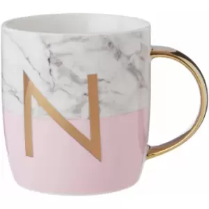 Pastel Pink N Letter Monogram Mug Large Coffee / Tea Mug Stylish Marble Pattern With Golden Handle 9 x 9 x 12 - Premier Housewares