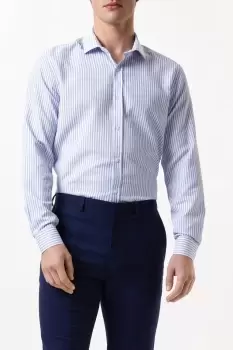 Mens Blue Slim Fit Long Sleeve Textured Striped Collar Shirt