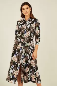Black Floral and Animal Print Long Sleeve Midi Shirt Dress