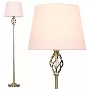 Barley Twist Floor Lamp in Antique Brass with Tapered Shade - Pink