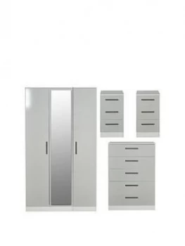 Swift Montreal Gloss Ready Assembled 4 Piece Package - 3 Door Mirrored Wardrobe, 5 Drawer Chest And 2 Bedside Chests