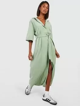 Boohoo Belted Midaxi Shirt Dress - Light Khaki, Green, Size 6, Women