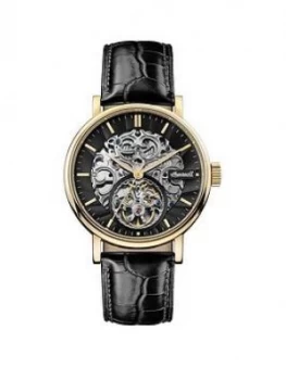 Ingersoll Ingersoll The Charles Black And Gold Detail Skeleton Automatic Dial Black Leather Strap Watch