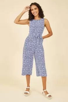 Blue Ditsy Floral Print Culotte Jumpsuit