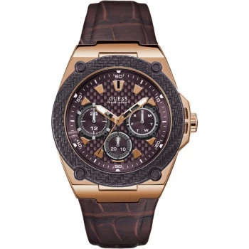 GUESS Gents rose gold watch with bronze trim & leather strap
