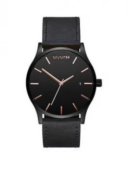 MVMT Classic Black and Rose Gold Date Dial Black Leather Strap Mens Watch, One Colour, Men