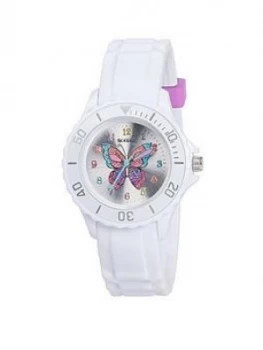Tikkers Tikkers Silver Sunray Butterfly Print Dial White Silicone Strap Kids Watch, One Colour
