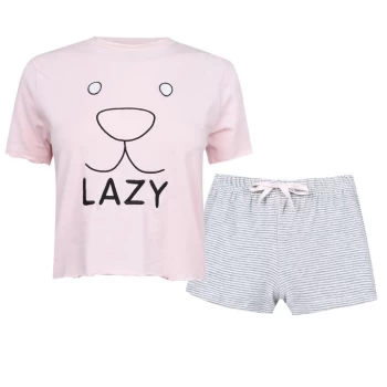 Fabric Velvet Stripe Shorts Soft Pyjama Set with Lazy Slogan - Baby Pink