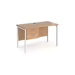 Rectangular Straight Desk Beech Wood H-Frame Legs White Maestro 25 1200 x 600 x 725mm 2 Drawer Pedestal