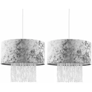 Minisun - 2 x Silver Grey Velvet Ceiling Pendant Light Shades With Clear Acrylic Droplets