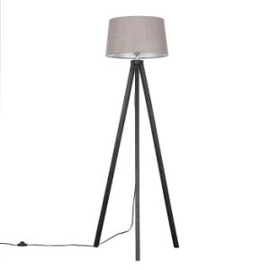 Barbro Dark Wood Tripod Floor Lamp with Grey Doretta Shade
