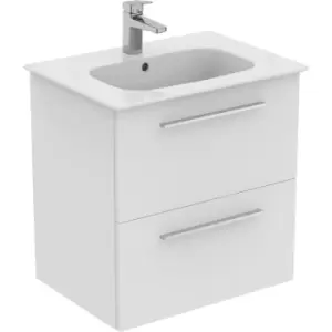 Ideal Standard i. life A Double Drawer Wall Hung Unit with Basin Matt 600mm with Brushed Chrome Handles in White