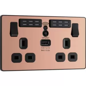 BG Evolve Polished (Black Ins) WiFi Extender Double Switched 13A Power Socket + 1X USB (2.1A) in Copper Steel