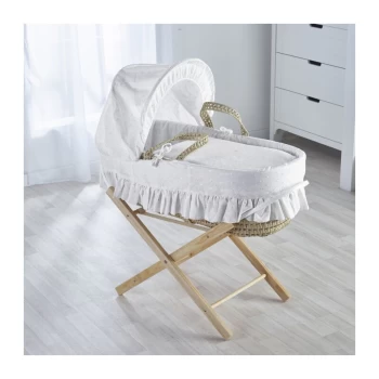 Broderie Anglaise Palm Moses Basket with Folding Stand Natural, Quilt, Padded Liner, Body Surround & Adjustable Hood - White - White