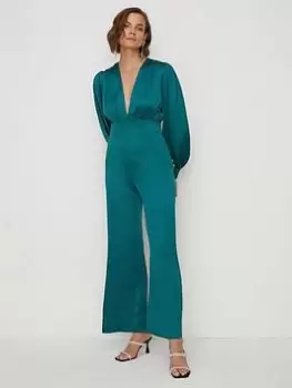 Oasis Satin Plunge Neck Balloon Sleeve Jumpsuit - Green, Size 12, Women