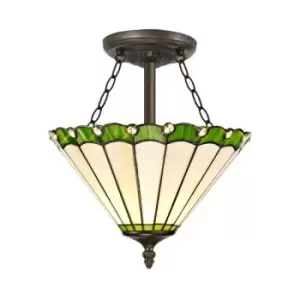 3 Light Semi Flush Ceiling E27 With 30cm Tiffany Shade, Green, Crystal, Aged Antique Brass - Luminosa Lighting
