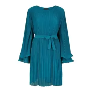 Mela London Teal Pleated Dress With Fluted Sleeves - Blue