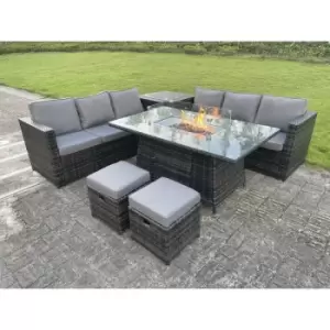 8 Seater Outdoor Rattan Garden Furniture Gas Fire Pit Table Sets Gas Heater Lounge Dark Grey Footstool - Fimous
