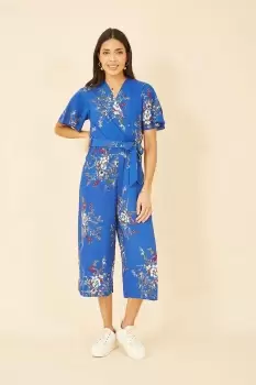 Blue Floral Print Jumpsuit With Angel Sleeves