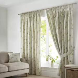 Fusion Meadow Leaves Botanical Print 100% Cotton Pencil Pleat Curtains, Green, 46 x 54 Inch