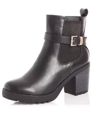 Quiz Faux Leather Buckle Chunky Heel Boots, Black, Size 8, Women