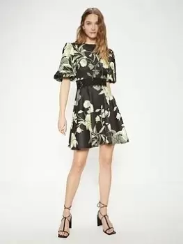 Oasis Floral Printed Lace Trim Skater Dress - Green, Size 10, Women
