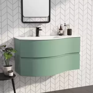 1000mm Green Wall Hung Left Hand Curved Vanity Unit with Basin - Tulum
