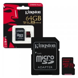 Kingston Canvas React MicroSDXC Memory Card 100MB/s UHS-1 U3 A1 V30 Class 10 With Adapter - 64GB