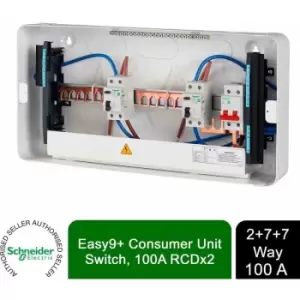 Easy9+ EZ9ES2R7R7CMCU Consumer Unit 2+7+7 2x100A rcd + 8x mcb - Schneider Electric