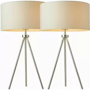 2 pack Modern Tripod Table Lamp Chrome & Ivory Shade Slim Leg Bedside Desk Light