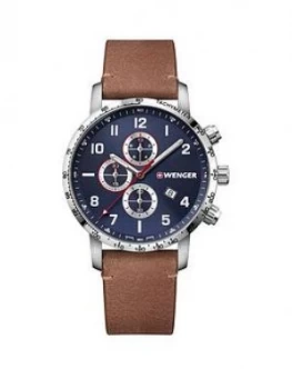 Wenger Swiss Made Blue Sunray And Silver Detail Chronogragh 44Mm Dial Tan Leather Strap Mens Watch