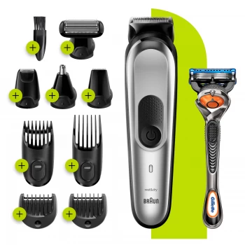 All in One Trimmer with 8 attachments and Gillette Razor - Black/Silver Grey