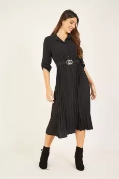Black Pleated Skirt Midi Shirt Dress