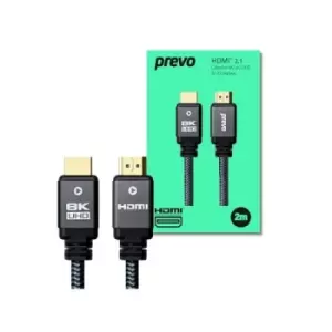 Prevo HDMI-2.1-2M HDMI Cable HDMI 2.1 (M) to HDMI 2.1 (M) 2m Black & Grey Supports Displays up to 8K@60Hz 99.9% Oxygen-Free Copper with Gold-Plated Co