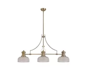 3 Light Telescopic Ceiling Pendant E27 With 26.5cm Prismatic Glass Shade, Antique Brass, Clear