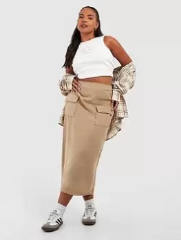 Boohoo Plus Plus Pocket Detail Cargo Midaxi Skirt - Beige, Beige, Size 20, Women