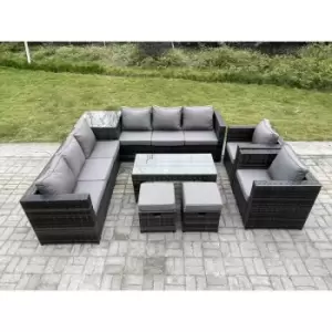 10 Seater Rattan Corner Sofa Set With Square Side Table And Oblong Rectangular Coffee Tea Table 2 pc Arm Chair 2 Stools Dark Grey Mixed - Fimous