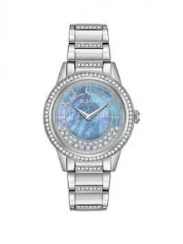 Bulova Crystal Collection Blue Mother of Pearl and TurnStyle Crystal Set Dial Crystal Set and Stainless Steel Bracelet Ladies Watch, One Colour, Women