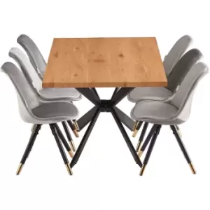7 Pieces Life Interiors Sofia Duke Dining Set - an Oak Rectangular Dining Table and Set of 6 Dark Grey Dining Chairs - Dark Grey