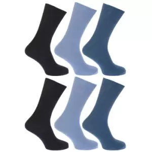 FLOSO Mens Ribbed Non Elastic Top 100% Cotton Socks (Pack Of 6) (UK Shoe 6-11, EUR 39-45) (Shades of Blue)