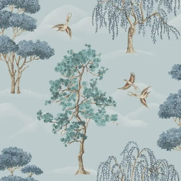 Rasch Maya Willow Woodland Trees Birds Powder Blue Wallpaper Feature Wall WL-283883