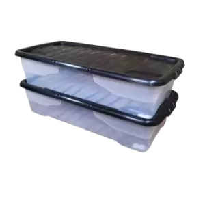 2 x 42L Clear Under Bed Storage Box with Black Lid, Stackable and Nestable Design Storage Solution