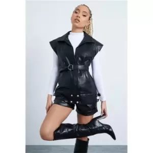 I Saw It First Black Faux Leather Belted Sleeveless Shacket - Black