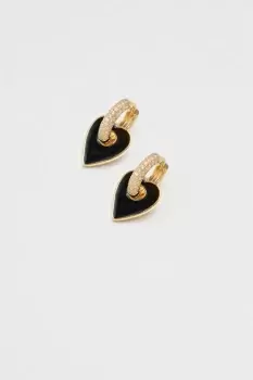 Gold Plated Cubic Zirconia And Jet Enamel Heart Earrings