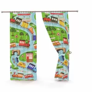 Portfolio Home Kids Club Toy Trains Pair Of Lined Curtains (66 X 72") With Matching Tie Backs Blue