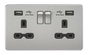 KnightsBridge 13A 2G Screwless Brushed Chrome 2G Switched Socket with Dual 5V USB Charger Ports - Black Insert