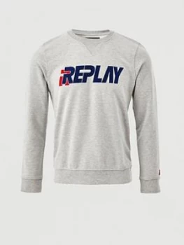 Replay Flocking Logo Sweatshirt, Grey Marl, Size S, Men