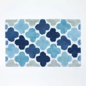 Blue and Grey Pattern Cotton Bath Mat - Blue - Blue - Blue - Homescapes